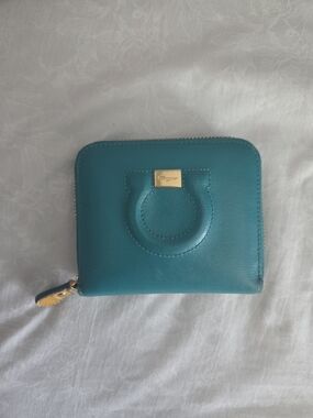 Salvatore Ferragamo Teal Leather Zip Wallet with Gold Hardware